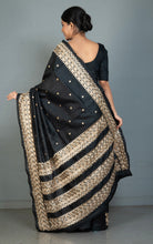 Kathiyawari Embroidery Work on Semi Dupion Silk Saree in Black and Amber Beige Thread Work
