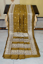 Kathiyawari Embroidery Work on Semi Dupion Silk Saree in Oak Brown and French Beige Thread Work