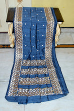 Kathiyawari Embroidery Work on Semi Dupion Silk Saree in Denim Blue and French Beige Thread Work