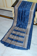 Kathiyawari Embroidery Work on Semi Dupion Silk Saree in Denim Blue and French Beige Thread Work