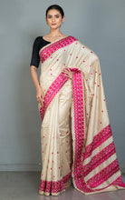 Kathiyawari Embroidery Work on Semi Dupion Silk Saree in Beige and Raspberry Rose Thread Work
