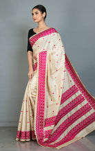 Kathiyawari Embroidery Work on Semi Dupion Silk Saree in Beige and Raspberry Rose Thread Work