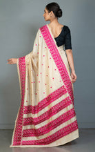 Kathiyawari Embroidery Work on Semi Dupion Silk Saree in Beige and Raspberry Rose Thread Work