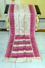 Kathiyawari Embroidery Work on Semi Dupion Silk Saree in Beige and Raspberry Rose Thread Work