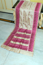 Kathiyawari Embroidery Work on Semi Dupion Silk Saree in Beige and Raspberry Rose Thread Work