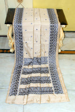 Kathiyawari Embroidery Work on Semi Dupion Silk Saree in Almond Beige and Carbon Grey Thread Work