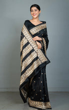 Kathiyawari Embroidery Work on Semi Dupion Silk Saree in Black and Amber Beige Thread Work