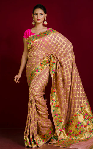 Khaddi Georgette Paithani Work Banarasi Saree in Matt Pink, Gold and Multicolored