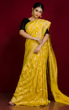 Brocade Khaddi Georgette Banarasi Saree in Bright Yellow with Silver & Gold Zari Work