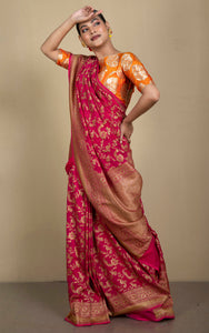 Brocade Khaddi Georgette Banarasi Saree in Desire Red with Maat Gold Zari Work