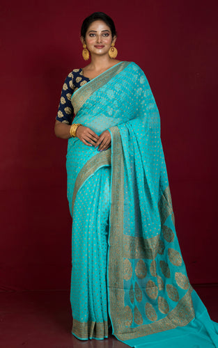 Handwoven Polka Dots Pure Khaddi Georgette Banarasi Saree in Aqua Blue and Antique Golden