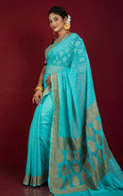 Hanwoven Polka Dots Pure Khaddi Georgette Banarasi Saree in Aqua Blue and Antique Golden