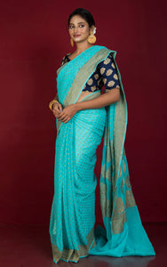 Hanwoven Polka Dots Pure Khaddi Georgette Banarasi Saree in Aqua Blue and Antique Golden