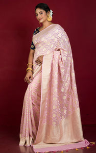 Handwoven Nakshi Floral Brocade Work Self Color Khaddi Georgette Banarasi Saree in Blush Pink & Water Golden