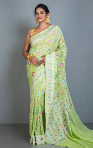 Handwoven Rangkart MInakari Brocade Work Khaddi Georgette Banarasi Saree in Lime Green, Multicolored & Water Golden
