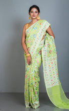 Handwoven Rangkart MInakari Brocade Work Khaddi Georgette Banarasi Saree in Lime Green, Multicolored & Water Golden