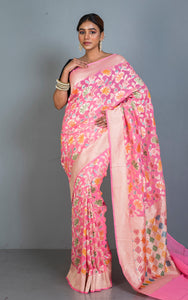 Handwoven Rangkart MInakari Brocade Work Khaddi Georgette Banarasi Saree in Rose Pink, Multicolored & Matt Golden