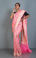 Handwoven Rangkart MInakari Brocade Work Khaddi Georgette Banarasi Saree in Rose Pink, Multicolored & Matt Golden
