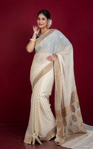 Handwoven Polka Dots Pure Khaddi Georgette Banarasi Saree in Off White and Antique Golden