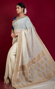 Handwoven Polka Dots Pure Khaddi Georgette Banarasi Saree in Off White and Antique Golden