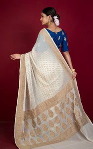 Handwoven Polka Dots Pure Khaddi Georgette Banarasi Saree in Off White and Antique Golden