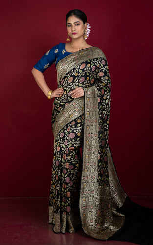 Handwoven Rangkart MInakari Brocade Work Khaddi Georgette Banarasi Saree in Black, Multicolored & Water Golden