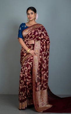 Handwoven Rangkart MInakari Brocade Work Khaddi Georgette Banarasi Saree in Maroon, Multicolored & Water Golden