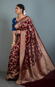 Handwoven Rangkart MInakari Brocade Work Khaddi Georgette Banarasi Saree in Maroon, Multicolored & Water Golden