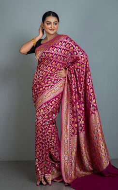 Handwoven Rangkart MInakari Brocade Work Khaddi Georgette Banarasi Saree in Magenta, Multicolored & Water Golden