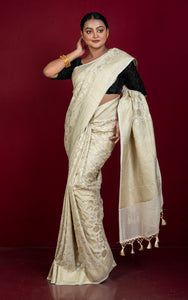 Handwoven Nakshi Floral Brocade Work Self Color Khaddi Georgette Banarasi Saree in Off White & Water Golden