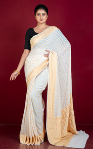 Handwoven Nakshi Skirt Border Khaddi Georgette Banarasi Saree in Off white and Matt Gold