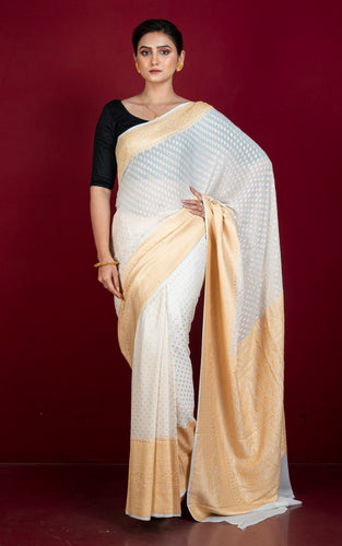 Handwoven Nakshi Skirt Border Khaddi Georgette Banarasi Saree in Off white and Muted Gold