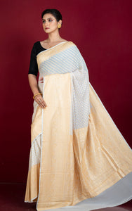 Handwoven Nakshi Skirt Border Khaddi Georgette Banarasi Saree in Off white and Muted Gold