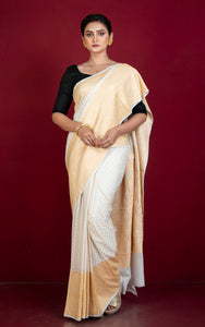 Handwoven Nakshi Skirt Border Khaddi Georgette Banarasi Saree in Off white and Muted Gold