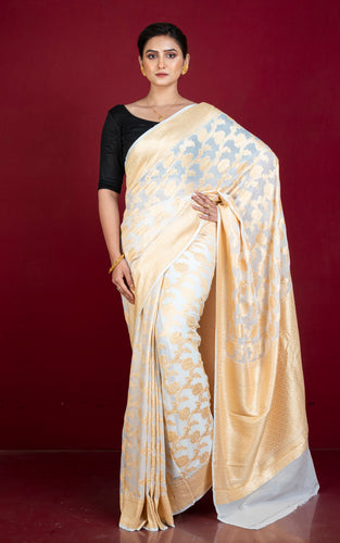 Jangla Floral Nakshi Jaal Work Khaddi Georgette Banarasi Saree in Off white and Matt Gold