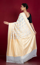 Jangla Floral Nakshi Jaal Work Khaddi Georgette Banarasi Saree in Off white and Matt Gold