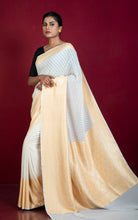 Handwoven Nakshi Skirt Border Khaddi Georgette Banarasi Saree in Porcelain White and Sand Gold