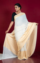 Handwoven Nakshi Skirt Border Khaddi Georgette Banarasi Saree in Porcelain White and Sand Gold