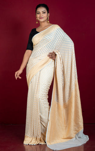 Handwoven Medium Border Khaddi Georgette Banarasi Saree in Titan White and Cashmere Gold