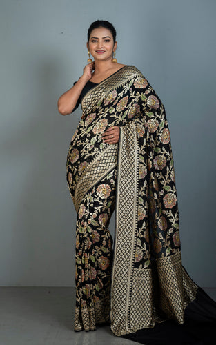 Handwoven Rangkart MInakari Brocade Work Khaddi Georgette Banarasi Saree in Black, Multicolored & Antique Golden