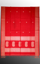 Assamese Nakshi Motif Work Inspired Pure Cotton Kalakshetra Saree in Bright Red and Warm Beige