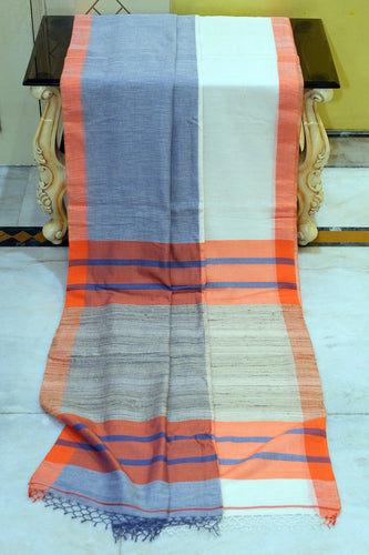 Tussar Gicha Pallu Work Poth Border Soft Cotton Saree in Slate Blue, Off White and Orange