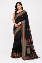 Assamese Nakshi Motif Work Inspired Pure Cotton Kalakshetra Saree in Black, Beige and Multicolored
