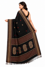 Assamese Nakshi Motif Work Inspired Pure Cotton Kalakshetra Saree in Black, Beige and Multicolored