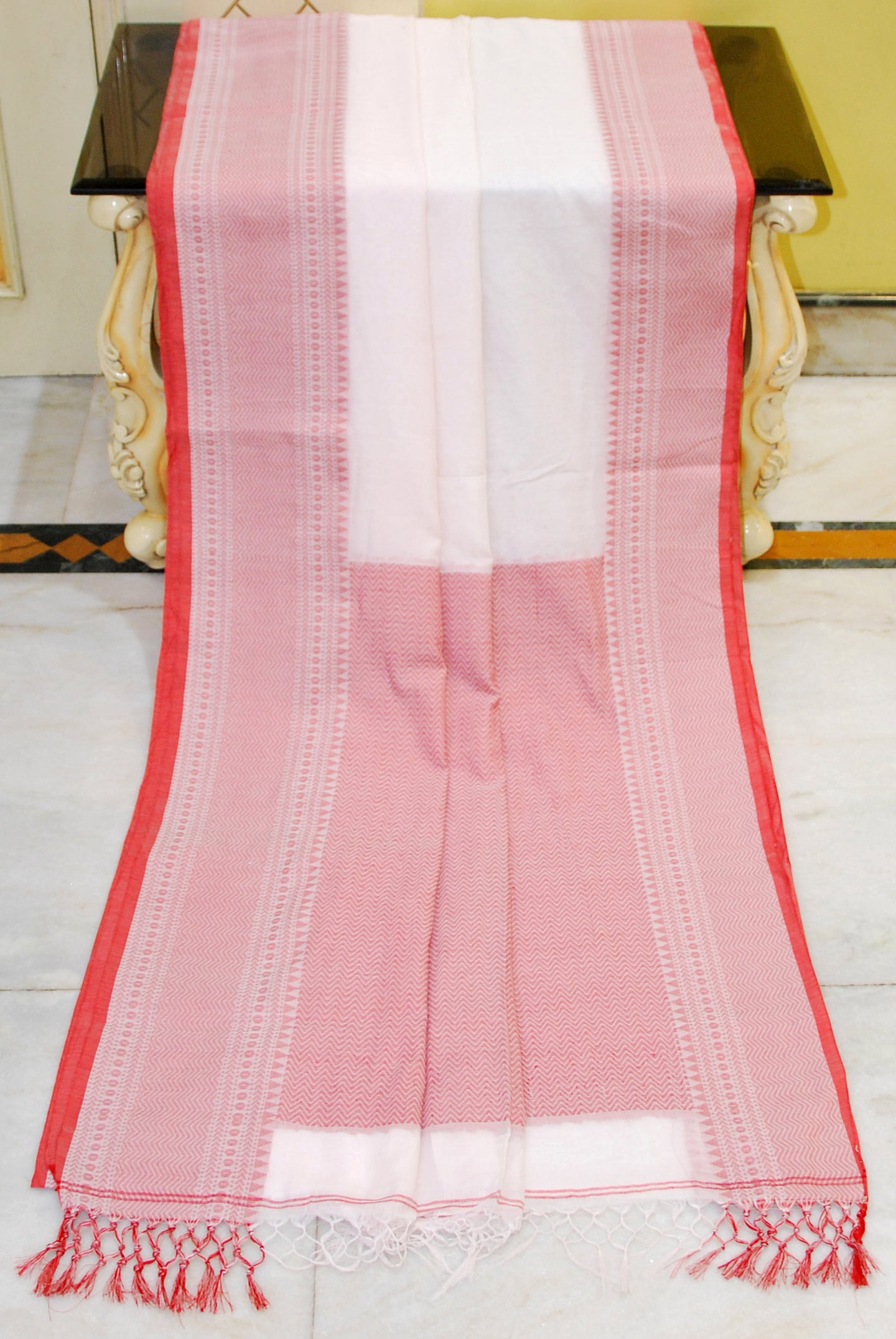 Soft Cotton Handwoven Khaddar Saree in Off White and Red