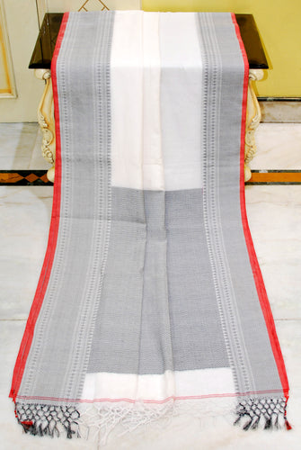 Soft Cotton Handwoven Khaddar Saree in Off White, Black and Red