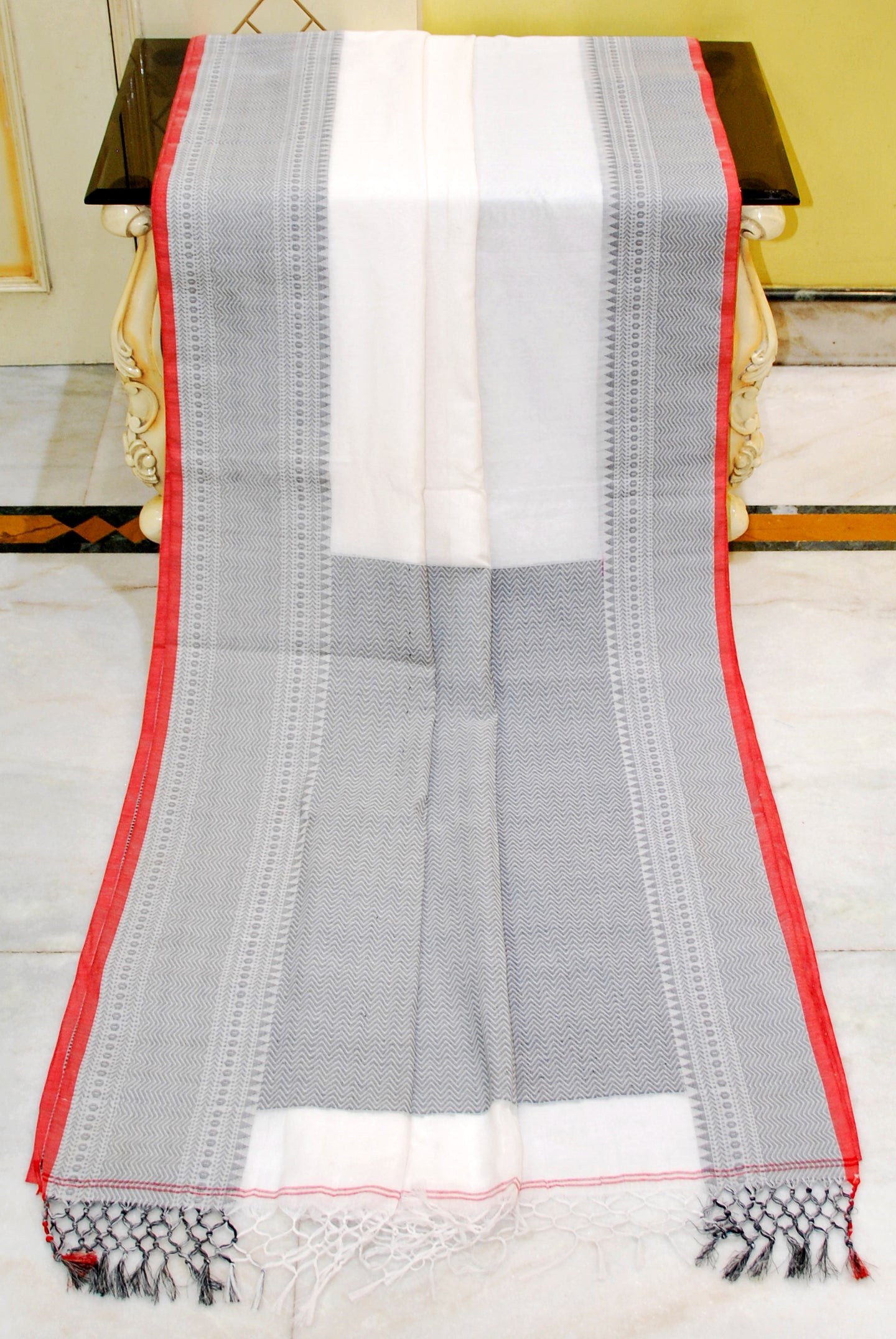 Soft Cotton Handwoven Khaddar Saree in Off White, Black and Red