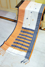 Premium Quality Double Warp Soft Pure Cotton Bomkai Saree in Off White, Amber Yellow and Midnight Blue