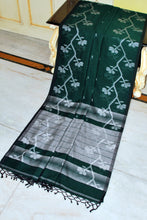 Karat Nakshi Work Soft Cotton Jamdani Saree in Phthalo Green and Steel Grey