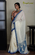 Pure Khadi Cotton Handwoven Saree with Temple Border & Geometric Paisley Nakshi Pallu - Off-White & Navy Blue